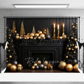 Lofaris Elegant Christmas Fireplace Photography Backdrop Black Mantel with Gold and Ornaments Moody Holiday Prop